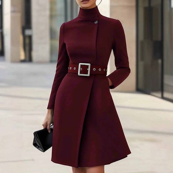 Women's Stand Collar Long Sleeve With High Waist Belted Midi Dress